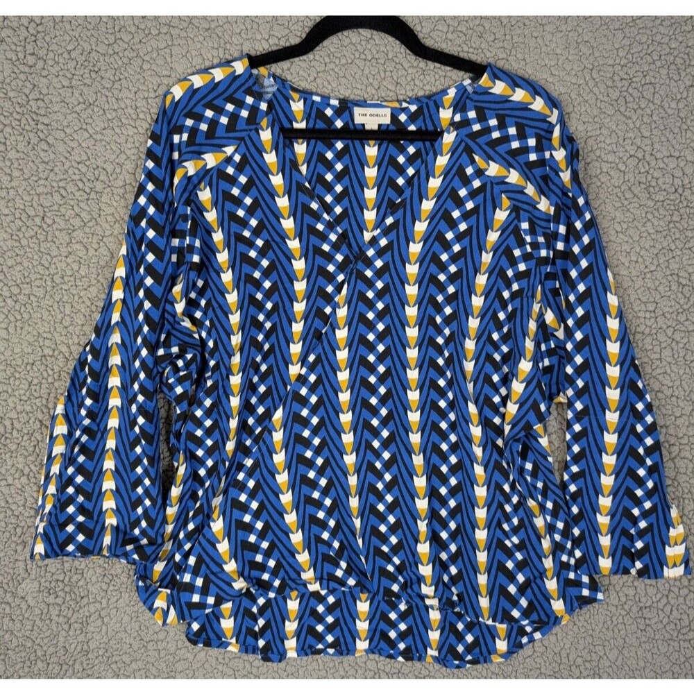 The Odells Anthropologie Top Slouch Faux Wrap Blue Geometric Print Size Large